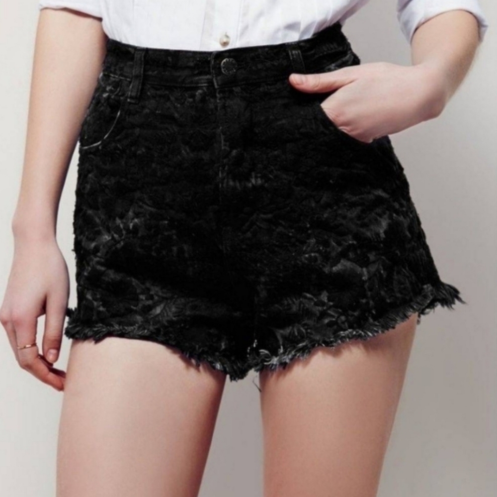 Free People Black Floral Textured Embroidered Demin Shorts
